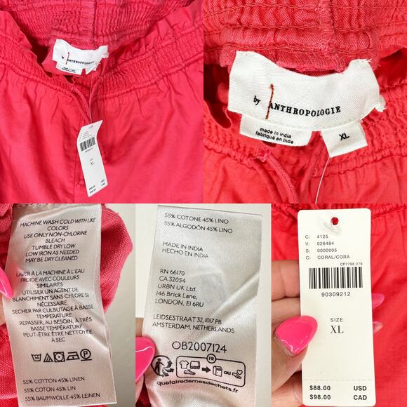 NWT by Anthropologie Linen Double Waistband Coral Contrast Stitch Shorts XL - Picture 12 of 15